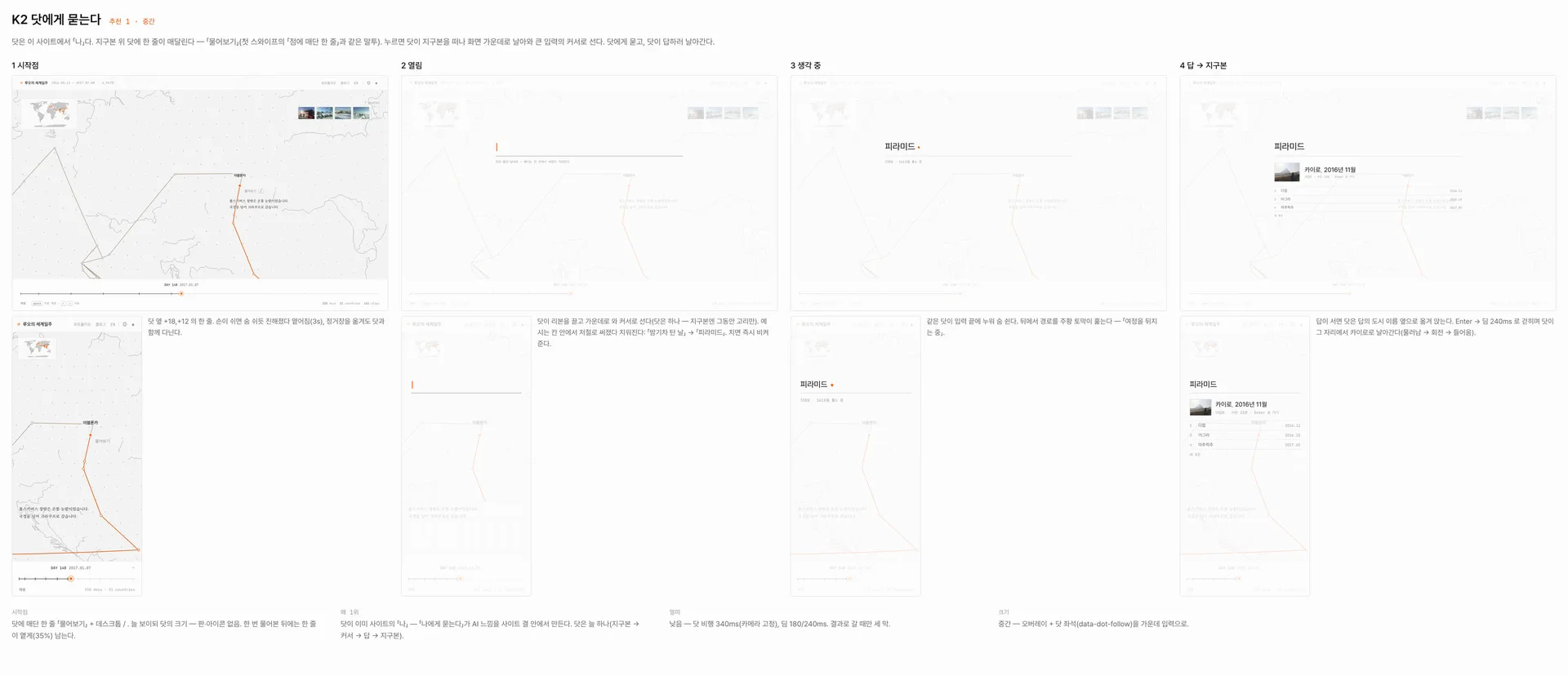 The K2 row from design board 6: four scenes, starting point, open, thinking and answer, drawn side by side for desktop and phone